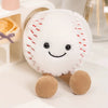 A white plush doll resembling a baseball, complete with stitched red seams and tan feet.
