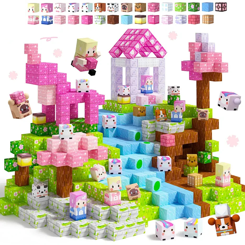 A set of pink and pastel magnetic building blocks used to construct a castle structure.