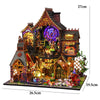 A detailed wooden miniature castle dollhouse kit featuring architecture, furniture, and illuminated elements.