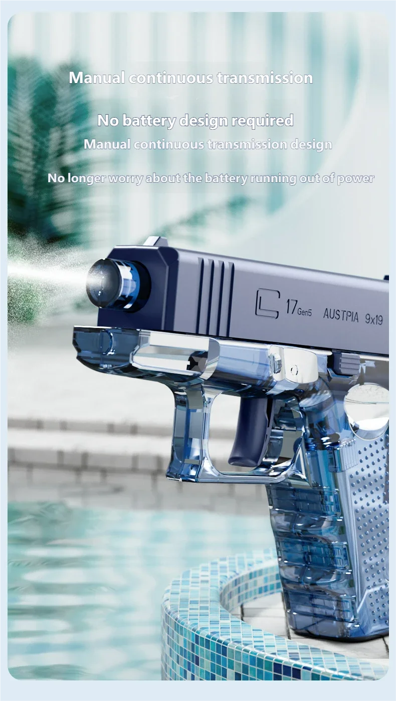 A blue high-power water blaster gun is shown spraying water in an outdoor setting.