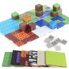 A collection of colorful magnetic building blocks and tiles arranged on a surface.