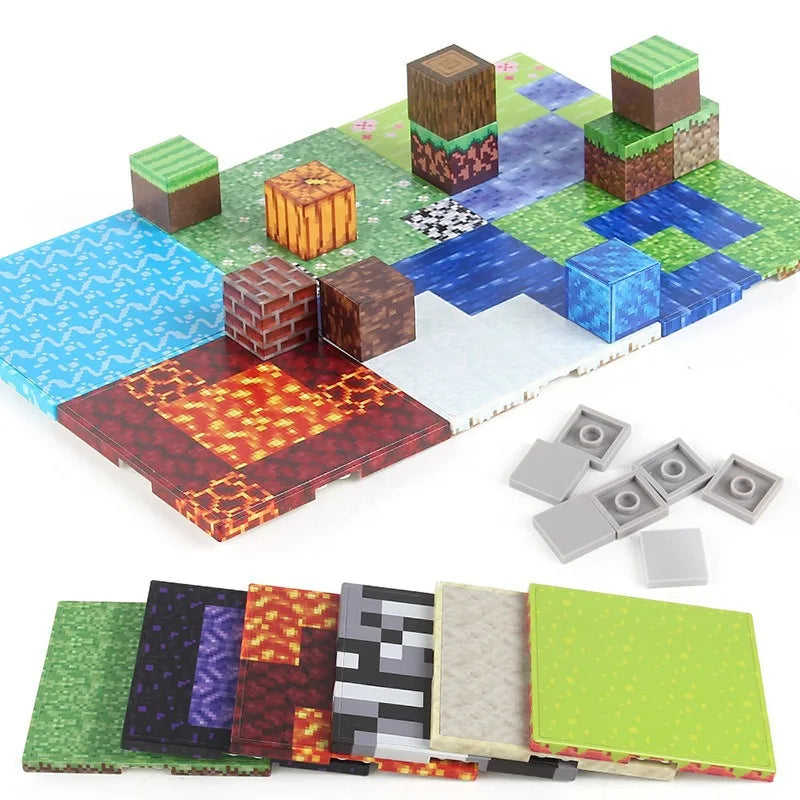 A collection of colorful magnetic building blocks and tiles arranged on a surface.