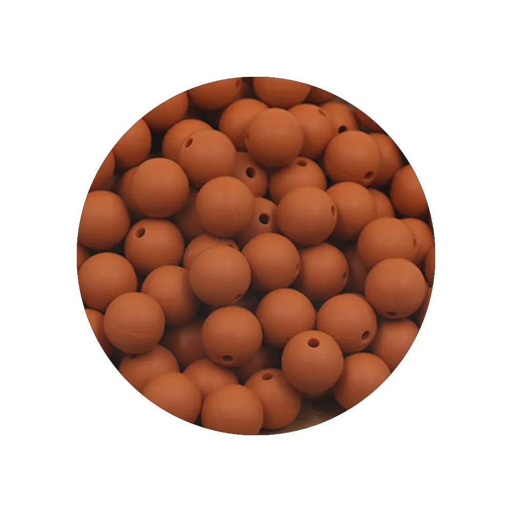 A circular arrangement of 50 silicone beads in various sizes and shades of terracotta brown.