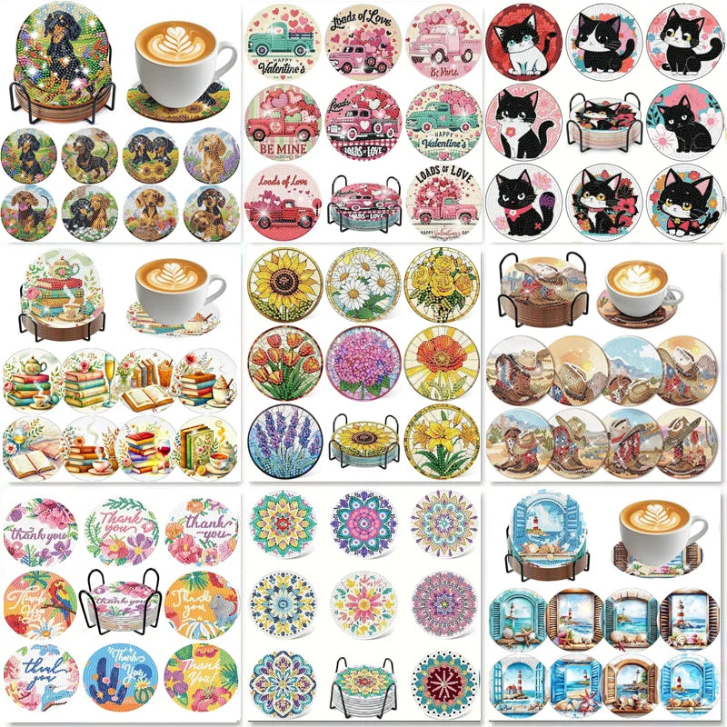 A collection of DIY diamond art coasters featuring cute dog designs and various floral patterns with metal holders.