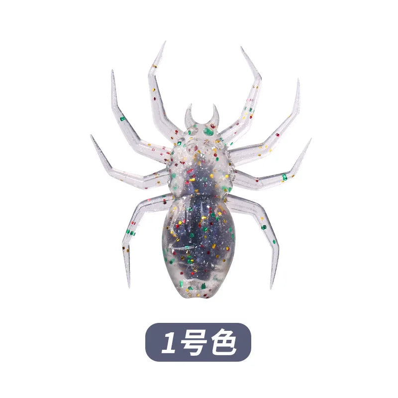 A glittery, laser-reflective soft bait fishing lure resembling a spider is shown against a white background.