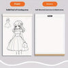A spread showing the front and reverse pages of an anime character line art drawing book for tracing and practice.