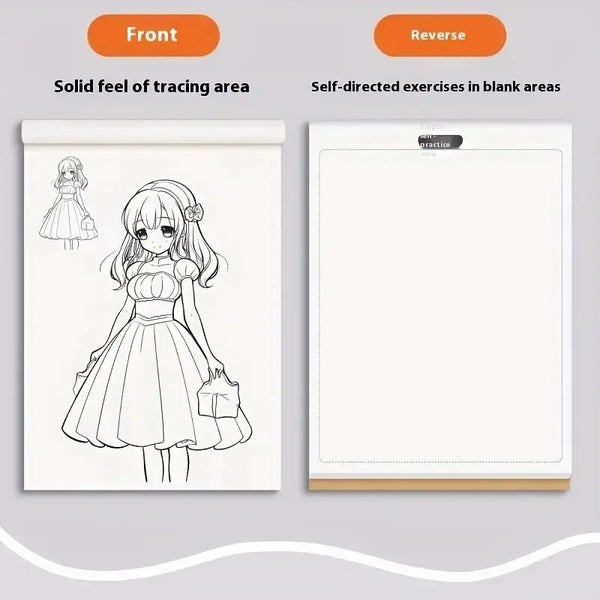 Página doble con anverso y reverso de un libro de dibujo de personajes anime para calcar y practicar