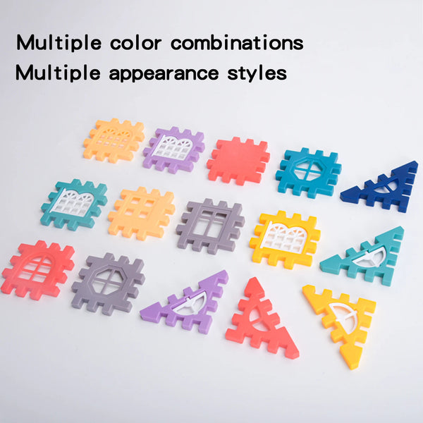 A collection of multi-colored wooden building blocks and architectural pieces in various styles and combinations.