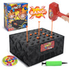 A box and game board for a balloon popping party game with a red hammer and a green tool.