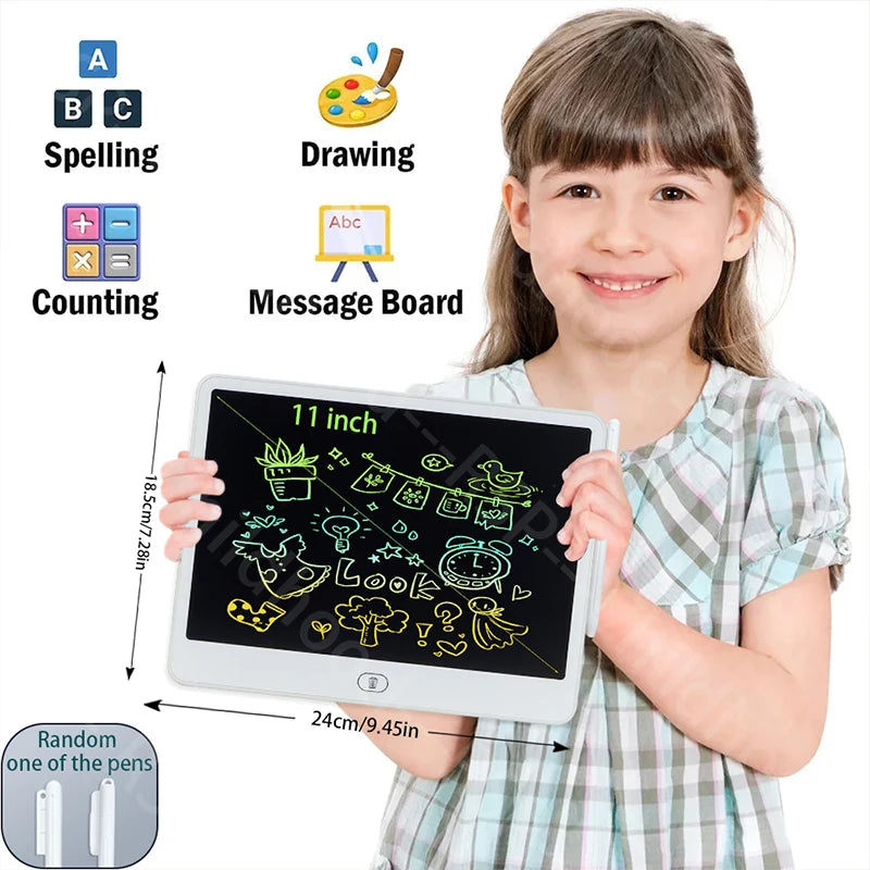 A smiling girl holds a reusable LCD writing tablet with various educational features like spelling, counting, drawing, and a 