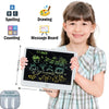 A smiling girl holds a reusable LCD writing tablet with various educational features like spelling, counting, drawing, and a 