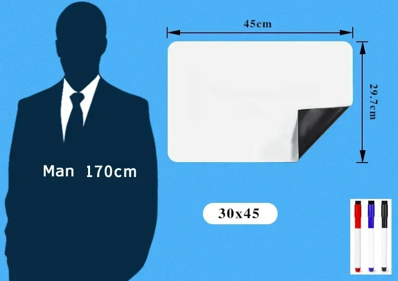 A white flexible magnetic dry erase board with a black edge shown next to a silhouette of a man.