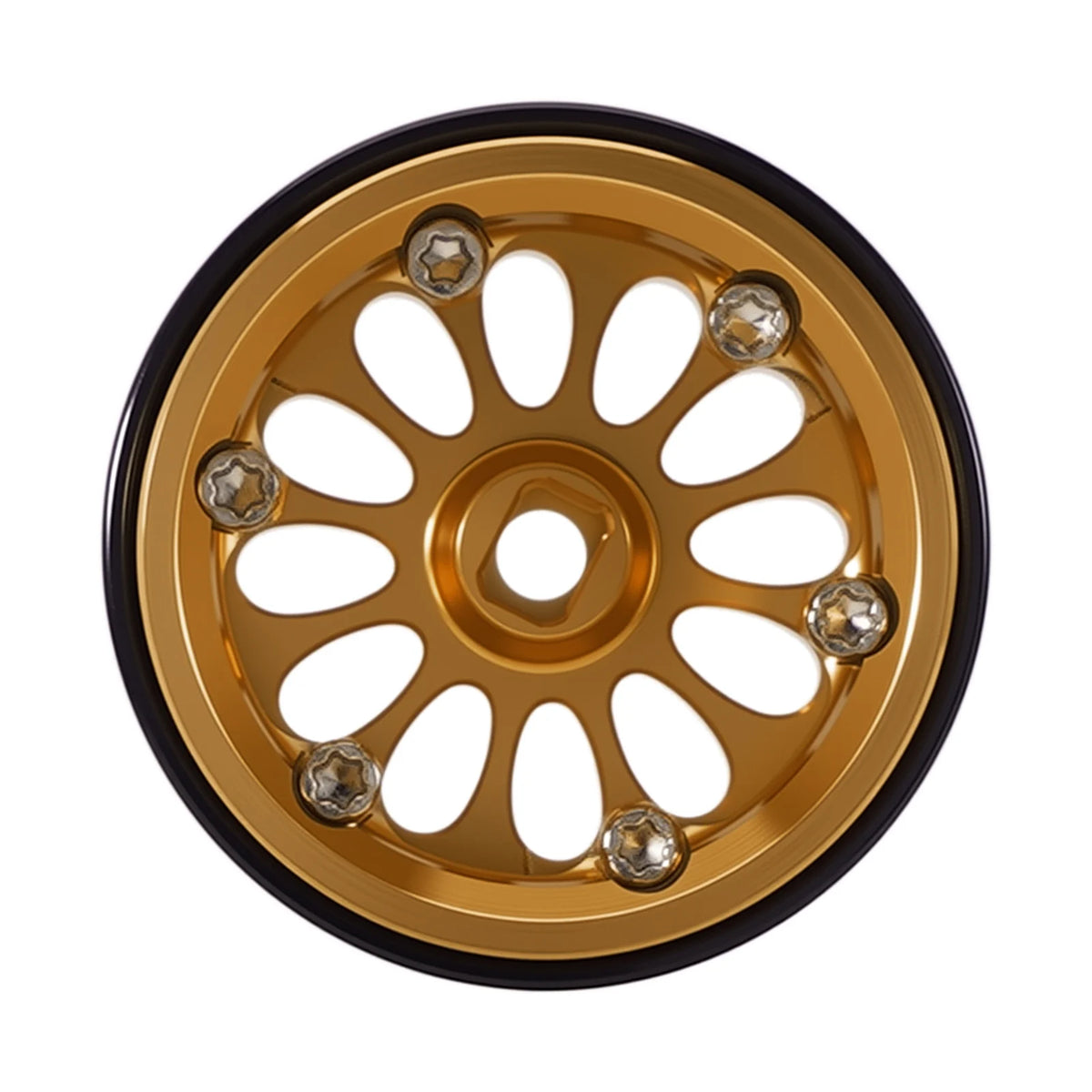 Gold aluminum beadlock wheels with black rim and spokes for an SCX30 vehicle.