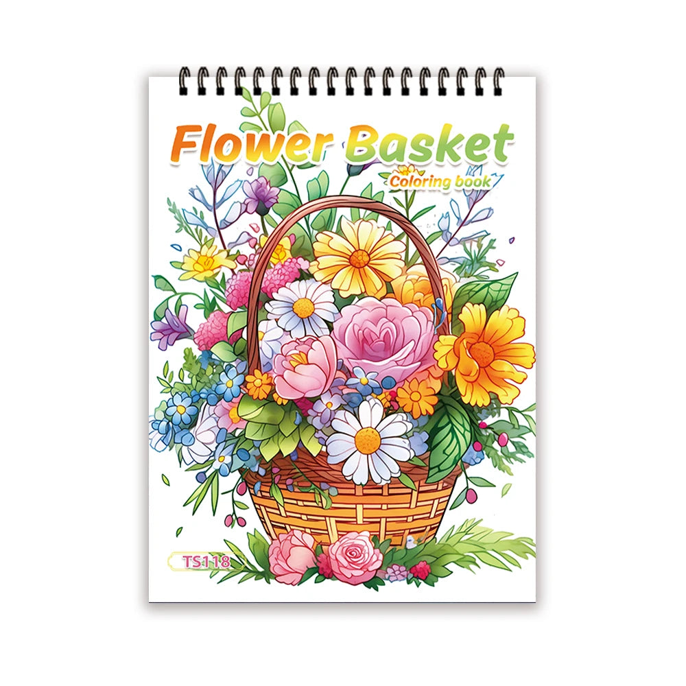 A colorful illustration of a flower basket design for an adult coloring book.