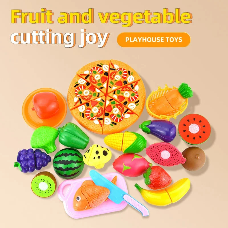 A colorful pretend play cutting food toy set featuring various fruits and vegetables like an orange, tomato, and banana.