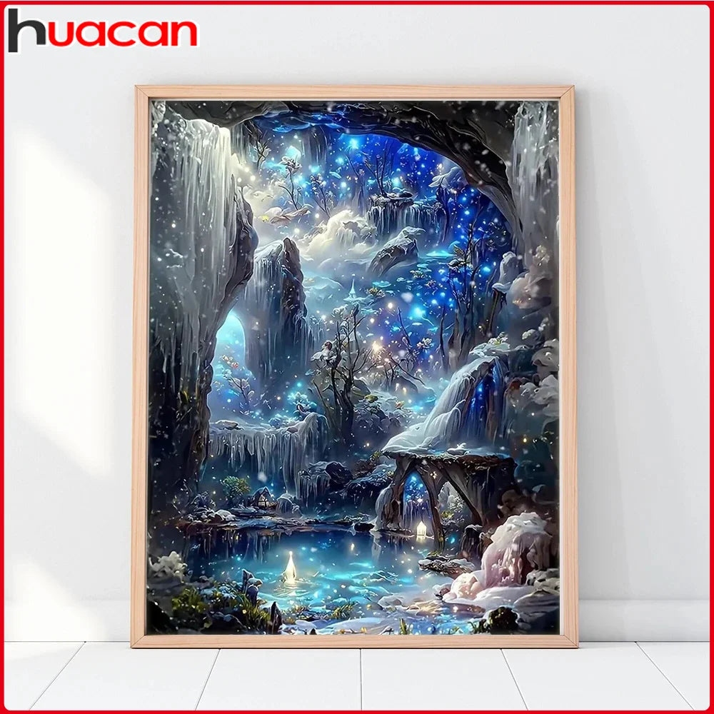 A framed painting depicting a fantastical, glowing blue landscape with waterfalls and ancient ruins.