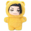 A yellow plushie resembling a character with black hair and large eyes, featuring a hood.