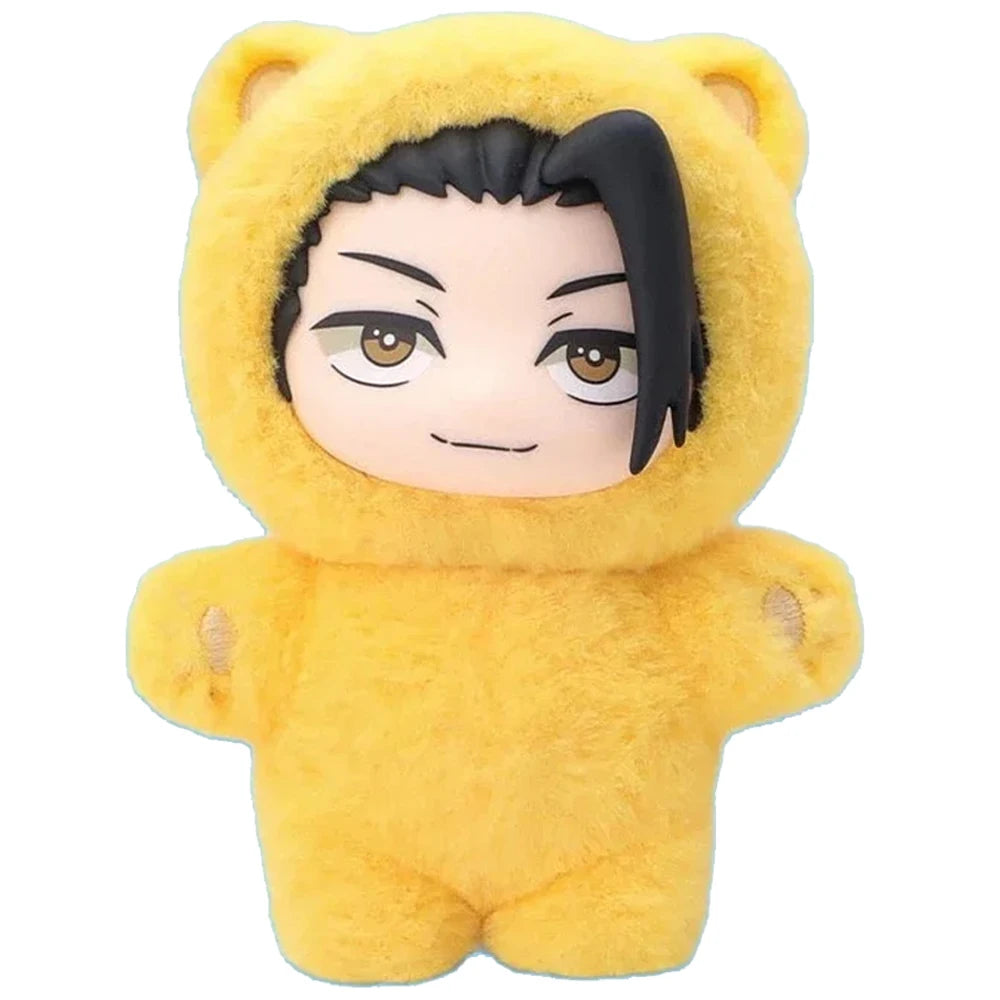 A yellow plushie resembling a character with black hair and large eyes, featuring a hood.