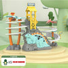 A dinosaur race track set featuring climbing stairs, a yellow tower, and a light blue dinosaur figure.