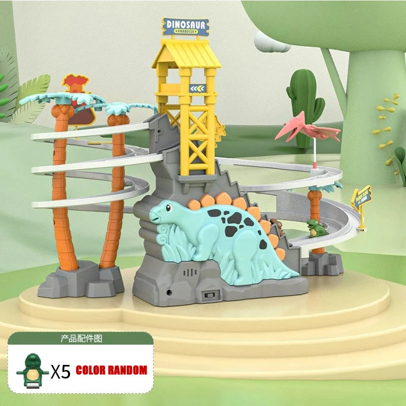 A dinosaur race track set featuring climbing stairs, a yellow tower, and a light blue dinosaur figure.