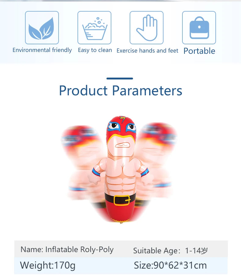 An inflatable roly-poly dinosaur punching bag tumbler toy with a belt and red body.