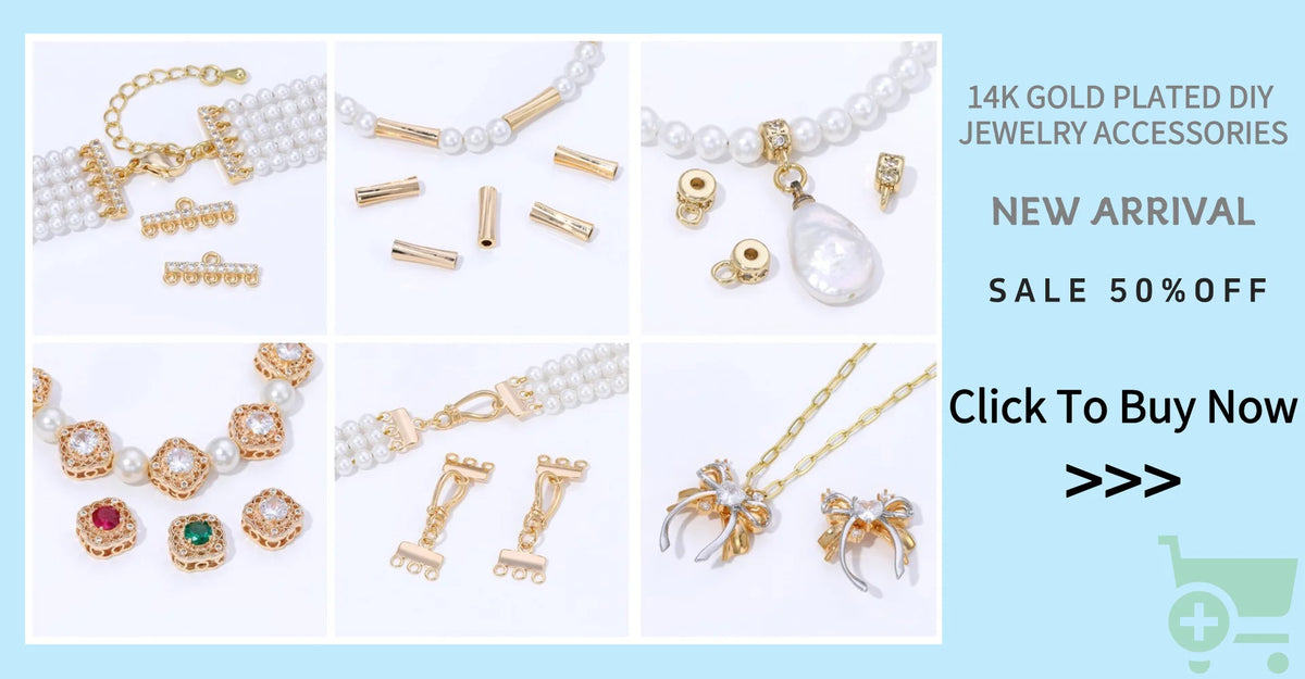 A collection of 14k gold-plated DIY jewelry accessories including necklaces, earrings, and spacer beads.