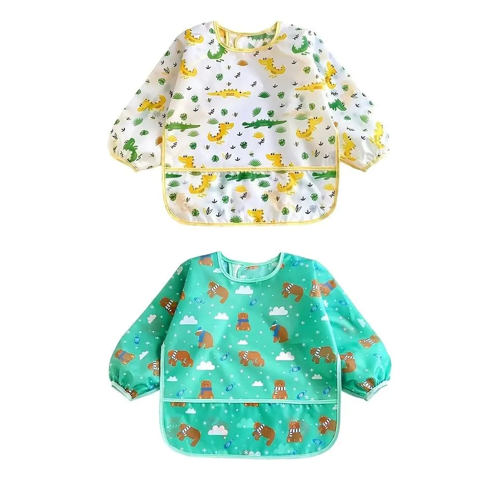 A set of two waterproof full sleeve baby bibs featuring a yellow and green pattern for feeding.