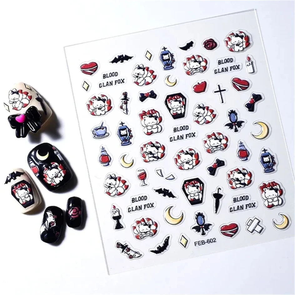 A sheet of black and white gothic nail art stickers featuring various designs like blood, foxes, and skulls.