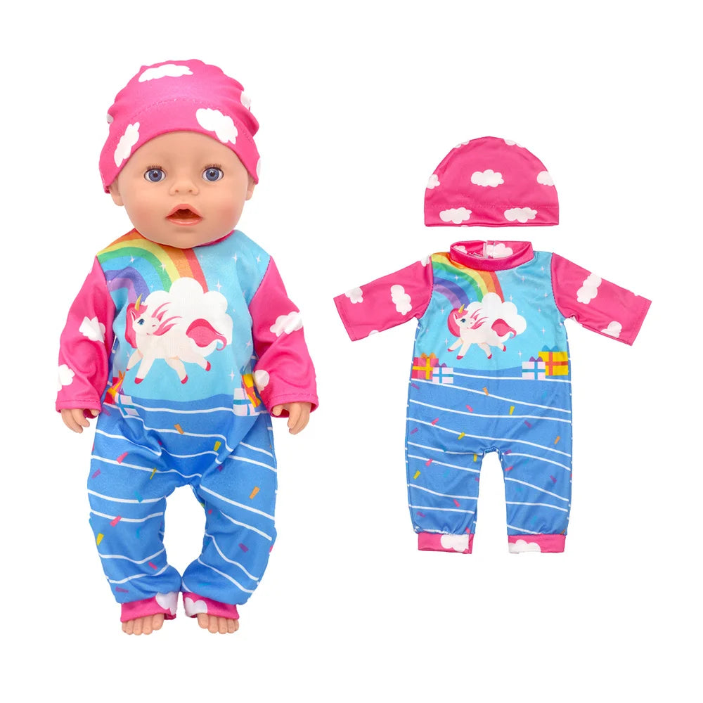 A baby doll wearing a pink hat and a colorful outfit featuring a rainbow and clouds.