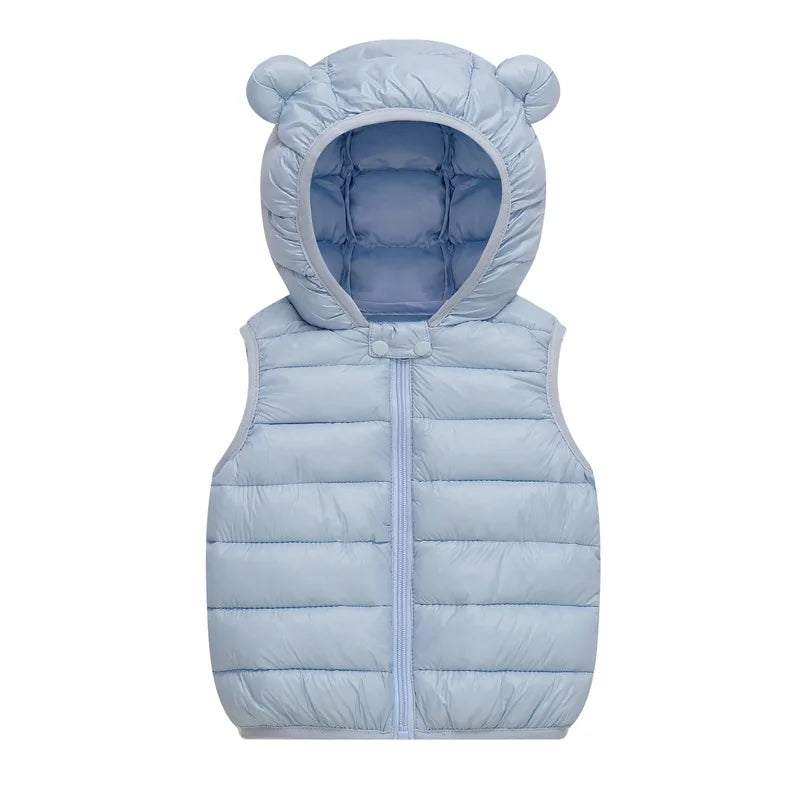 Light blue quilted hooded vest for children