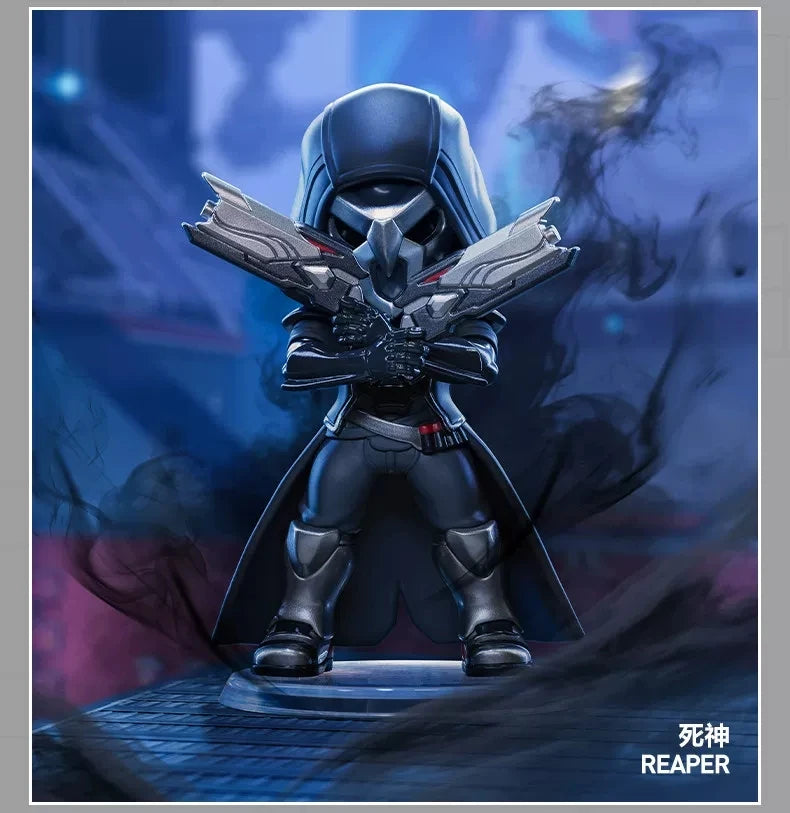 A dark armored figure resembling Reaper stands in a dramatic pose against a blue and black background.