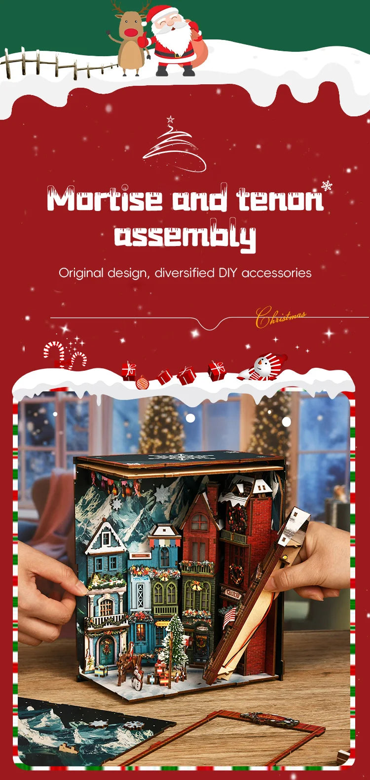 A wooden book nook kit featuring a Christmas street corner miniature model with detailed architecture and seasonal decoration