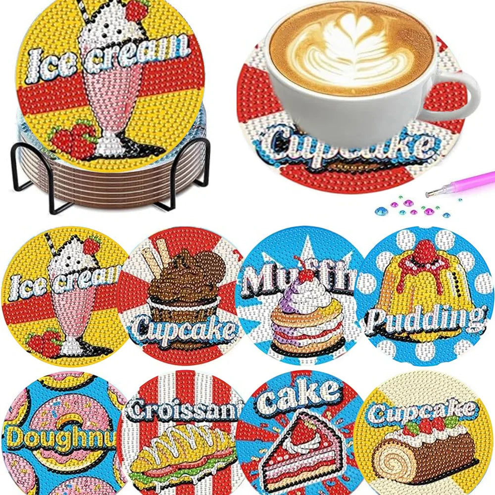 Diamond painting coasters featuring various food items like ice cream, cupcake, pudding, and cake.
