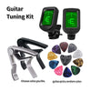A guitar tuning kit set including a tuner, capo, and various colored picks.