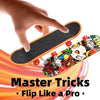 A hand is shown gripping an orange mini finger skateboard with black grip tape, demonstrating a trick.