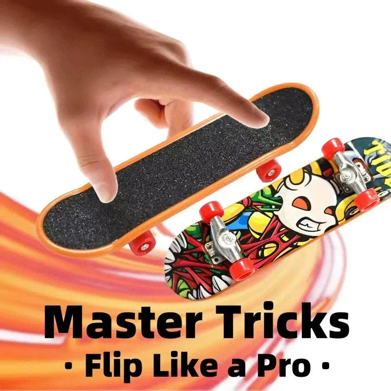 A hand is shown gripping an orange mini finger skateboard with black grip tape, demonstrating a trick.
