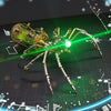 A detailed steampunk metal spider model is displayed on a dark surface, illuminated by a bright green light and overlaid with