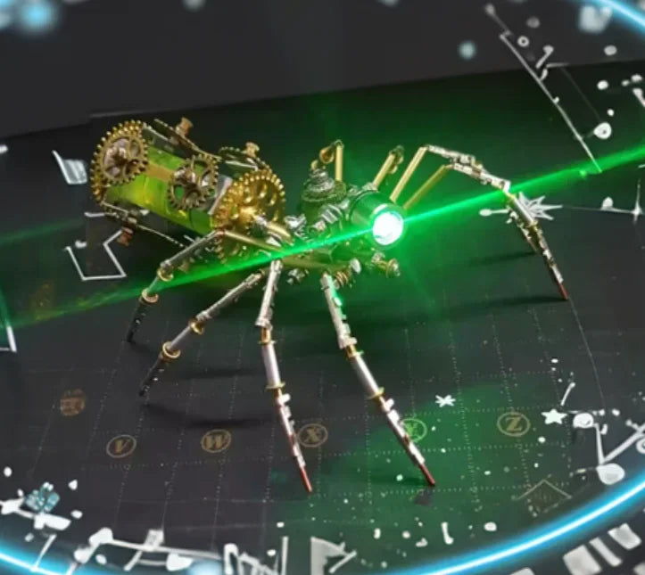 A detailed steampunk metal spider model is displayed on a dark surface, illuminated by a bright green light and overlaid with