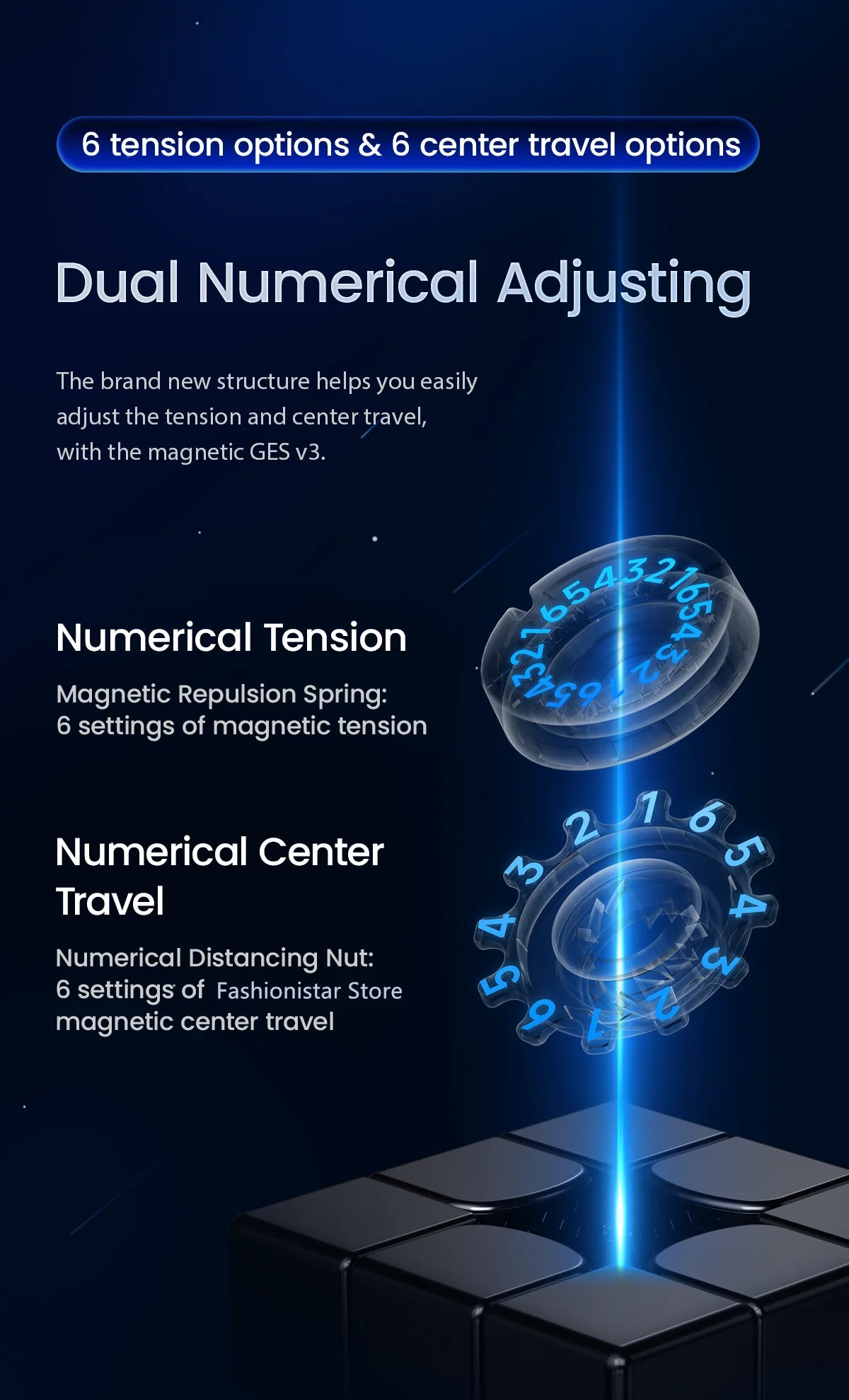 Dual Numerical Adjusting magnetic puzzle cube showing tension and center travel options
