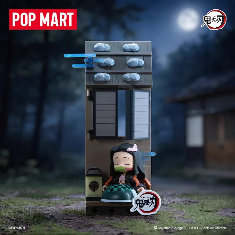 A collectible blind box figure of a female character in traditional attire standing in front of a wooden structure.