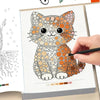 A hand is coloring a detailed cat illustration in a dot art book, using colored pencils to fill in the dots.