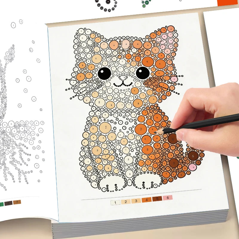 A hand is coloring a detailed cat illustration in a dot art book, using colored pencils to fill in the dots.