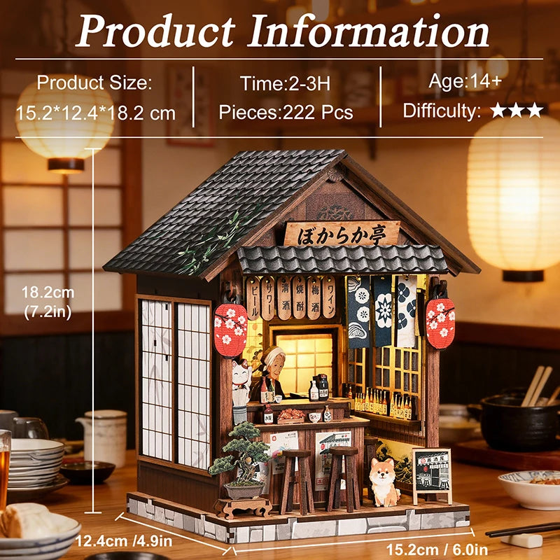 A miniature Japanese izakaya dollhouse kit featuring wooden structures and decorative elements.