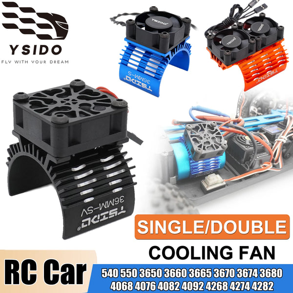 A collection of single and double cooling fans for RC cars, featuring various sizes and colors.