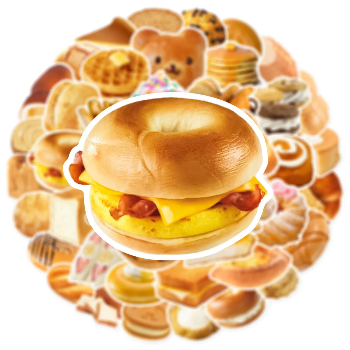 A circular arrangement of various food-themed stickers, including donuts, bread, and pastries.