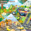 A set of magnetic building tiles featuring various scenarios like animal habitats and racing cars on a road and rail track.