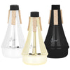 Three versions of a lightweight trumpet practice mute with aluminum alloy construction shown in clear and black finishes.