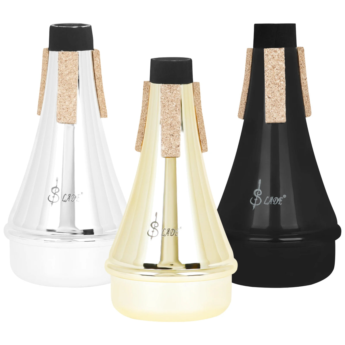 Three versions of a lightweight trumpet practice mute with aluminum alloy construction shown in clear and black finishes.