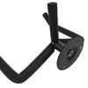A black metal guitar wall mount hanger with a curved arm and mounting plate.