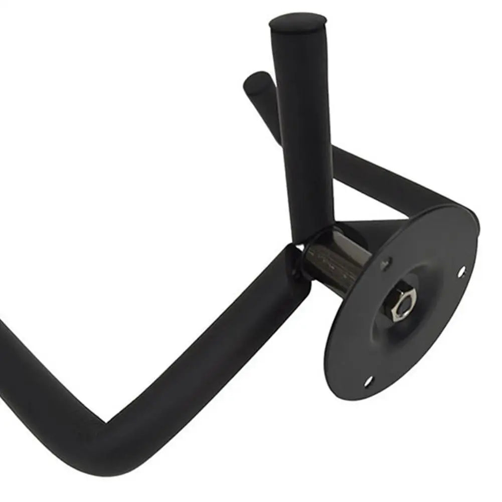 A black metal guitar wall mount hanger with a curved arm and mounting plate.
